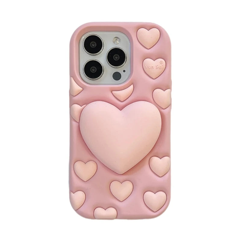 Pink 3D Love Heart Stand Holder Decompression Phone Case