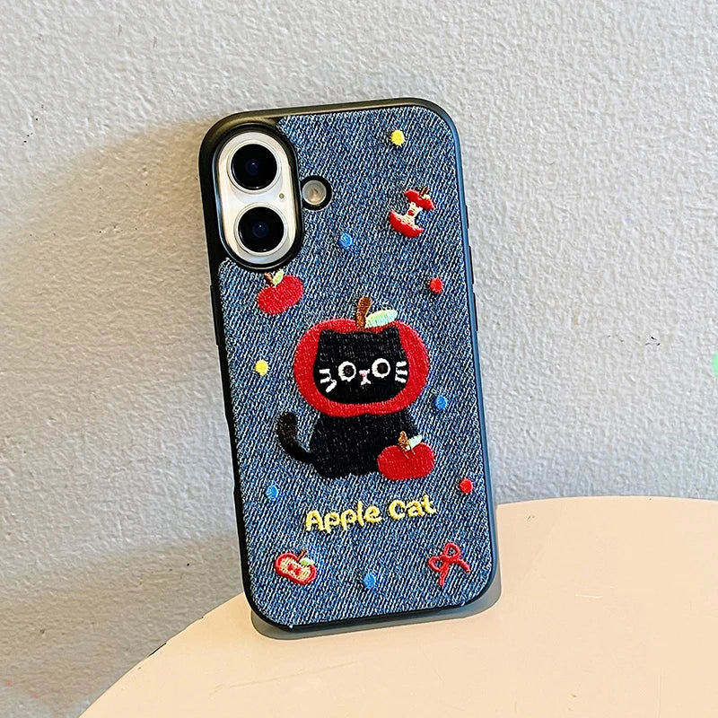 Cartoon Cute Cat Embroidery Warm Phone Case