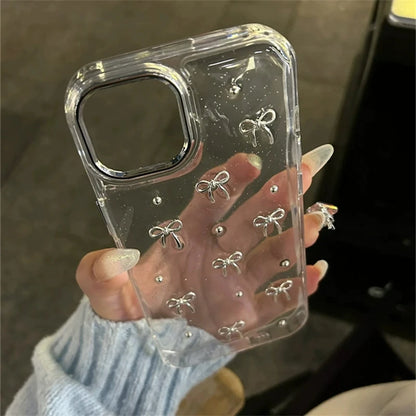 INS Korea Glitter 3D Silver Bow Beads Phone Case