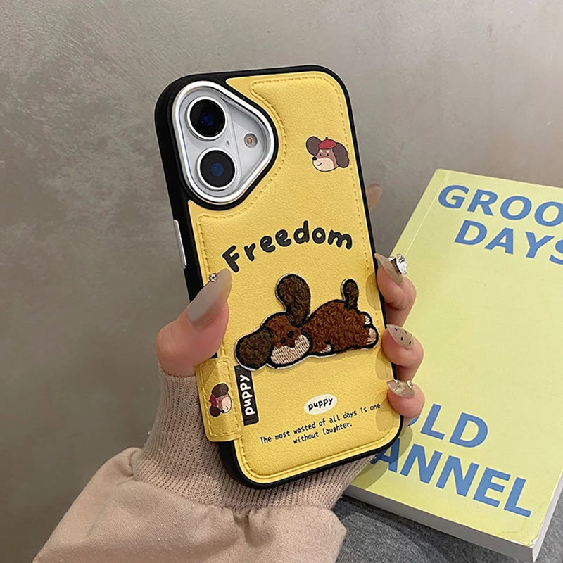 Cute 3D Embroidery Puppy Leather Texture Phone Case