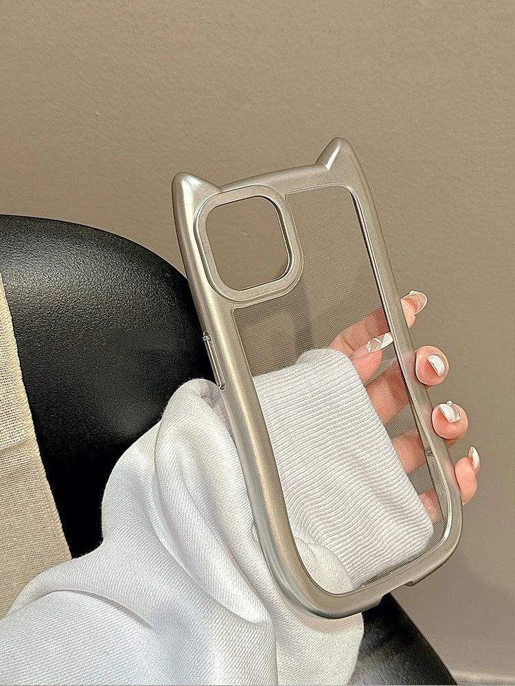 Cartoon Cute 3D Cat Ears Plating Silver Transparent Phone Case