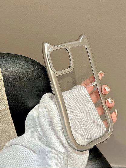 Cartoon Cute 3D Cat Ears Plating Silver Transparent Phone Case
