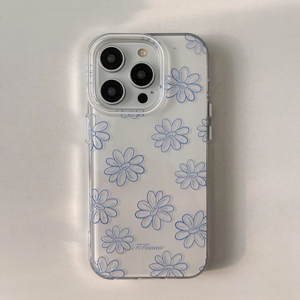 Fresh Full Screen Blue Line Flowers Matte Pendant Shockproof Protective Phone Case