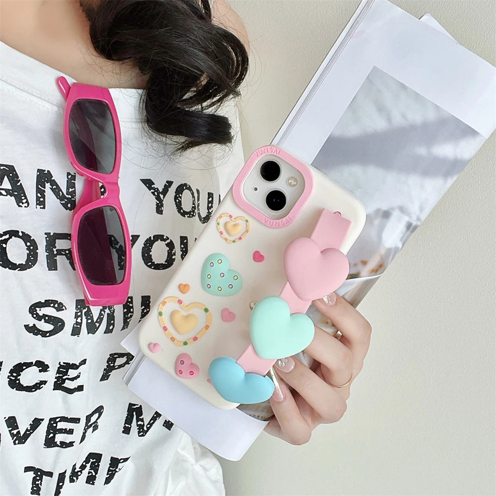 3D Cute Heart Cartoon Love Wristband Wrist Strap Phone Case
