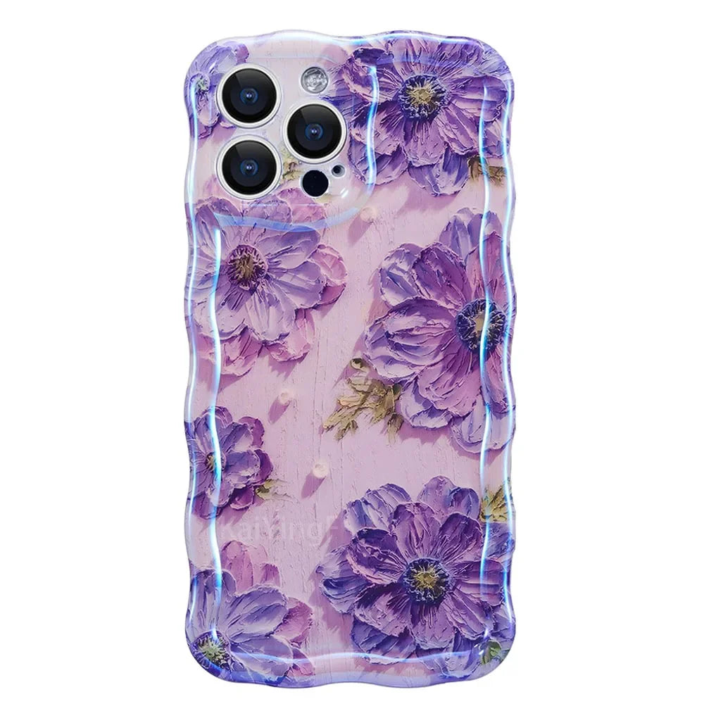 Stylish Phone Case Retro Oil Painting Flower Glossy Cute Floral Wave Border Exquisite Cover