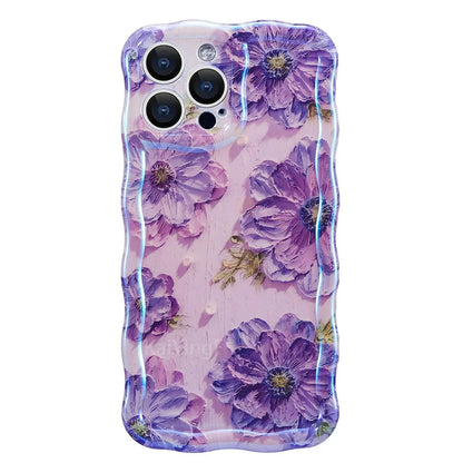 Stylish Phone Case Retro Oil Painting Flower Glossy Cute Floral Wave Border Exquisite Cover