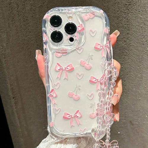 Cherry Transparent Watercolor With Chain Wavy Edge Phone Case