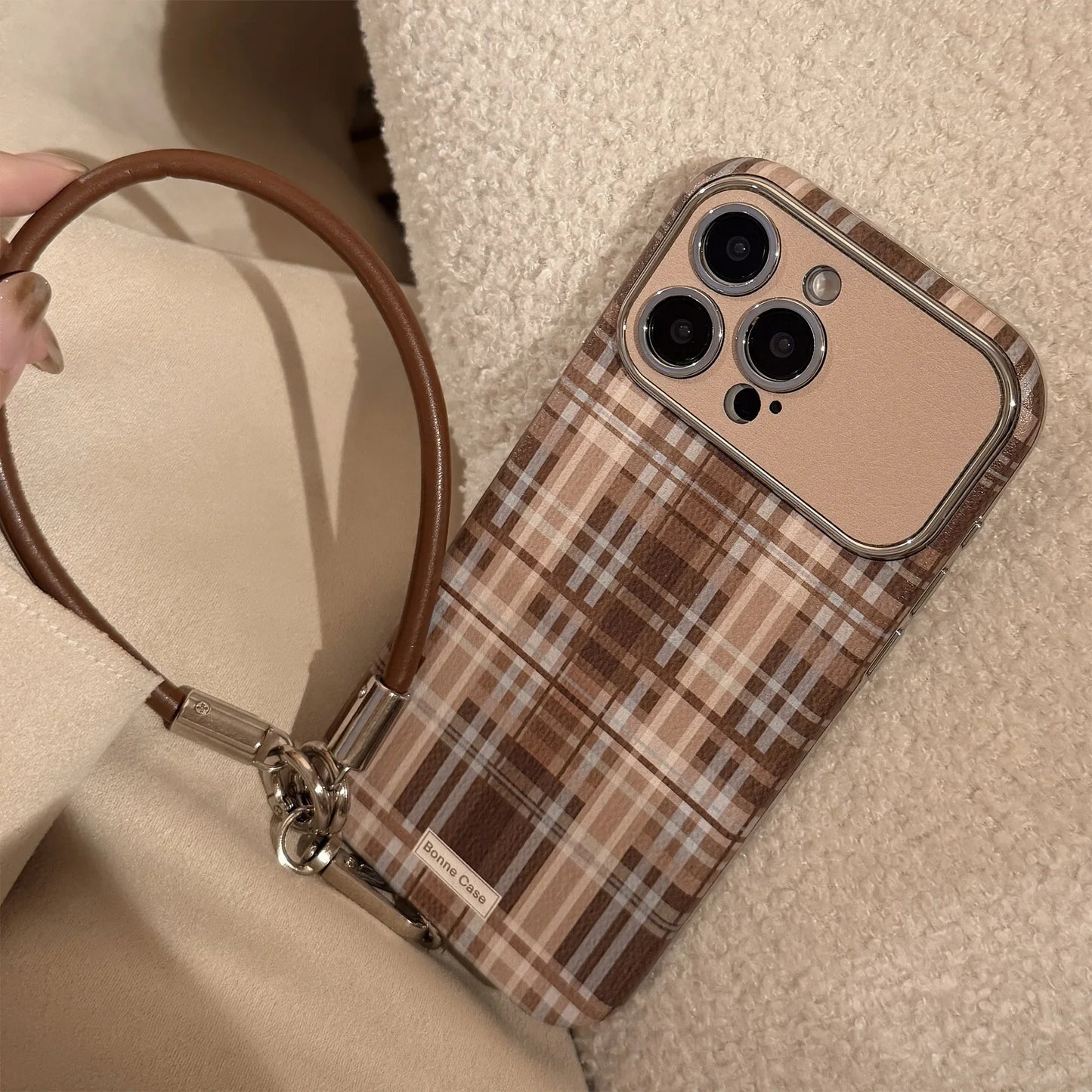 Stylish Brown Matte Grid Pattern Big Window Leather Lanyard Phone Case