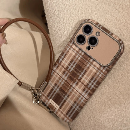 Stylish Brown Matte Grid Pattern Big Window Leather Lanyard Phone Case
