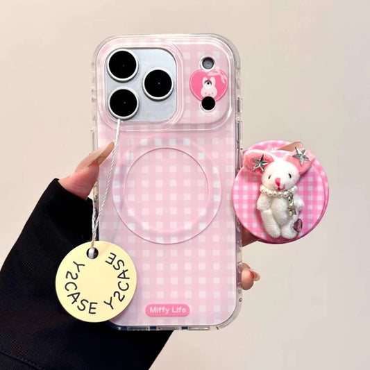 3D Cute Rabbit Pink Grid Magnetic Grip Tok Phone Case