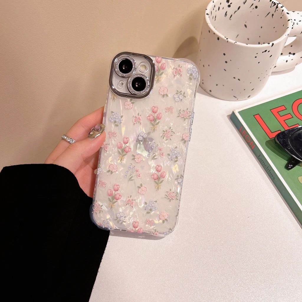 Stylish Illusory Color Shell Pattern Full Screen Tulip Flowers Rhinestone Lens Phone Case