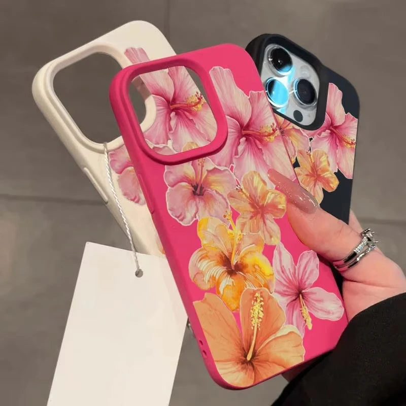Watercolor Hibiscus Flower Lichee Pattern Silicone Phone Case New