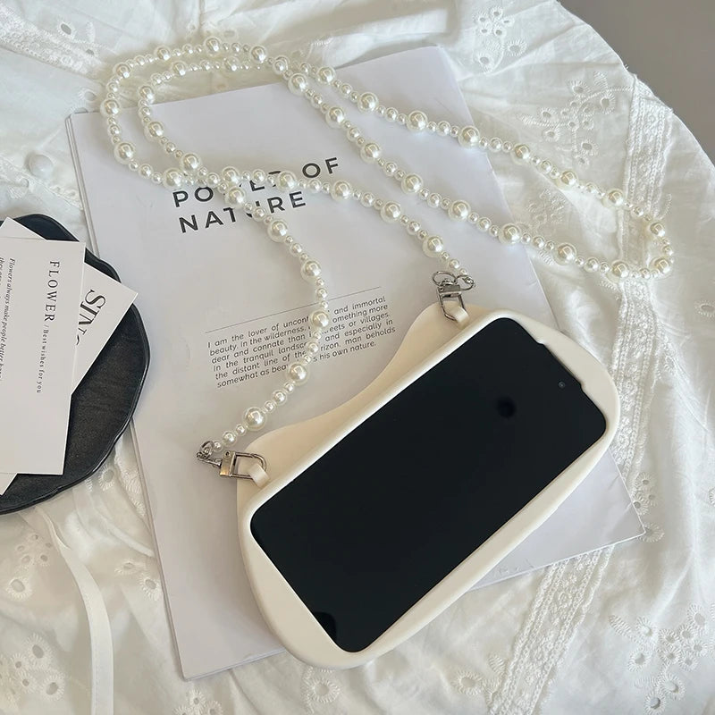Fashion 3D Bow Pearl Crossbody Bag Pattern Silicone Phone Case