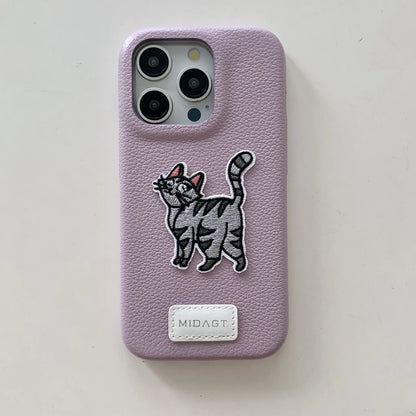 Cartoon Embroidered Cat Dog Series Stickers Solid Color Leather Phone Case