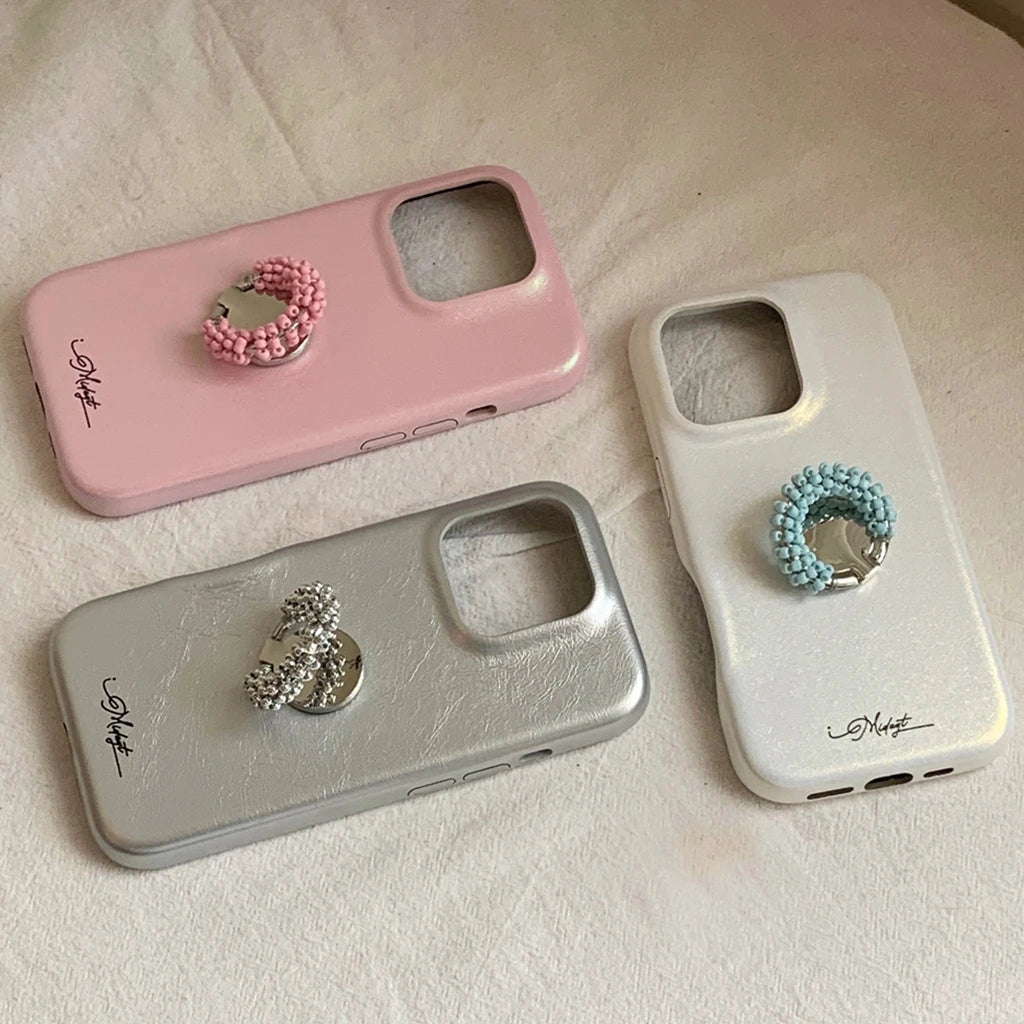 Stylish Simple Glossy Leather Colorl Beads Rotate Ring Buckle With Holder Phone