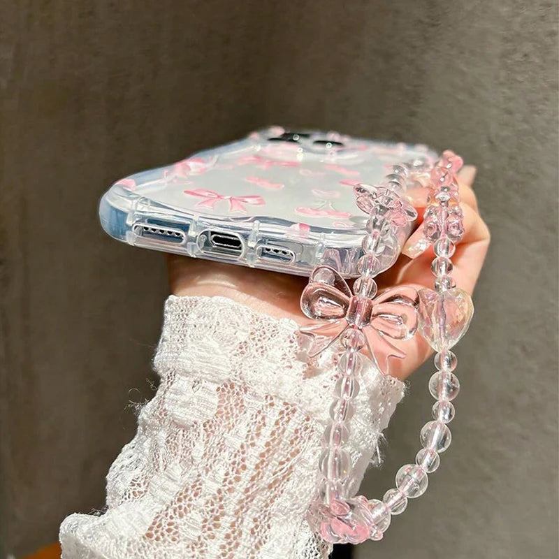 Cherry Transparent Watercolor With Chain Wavy Edge Phone Case