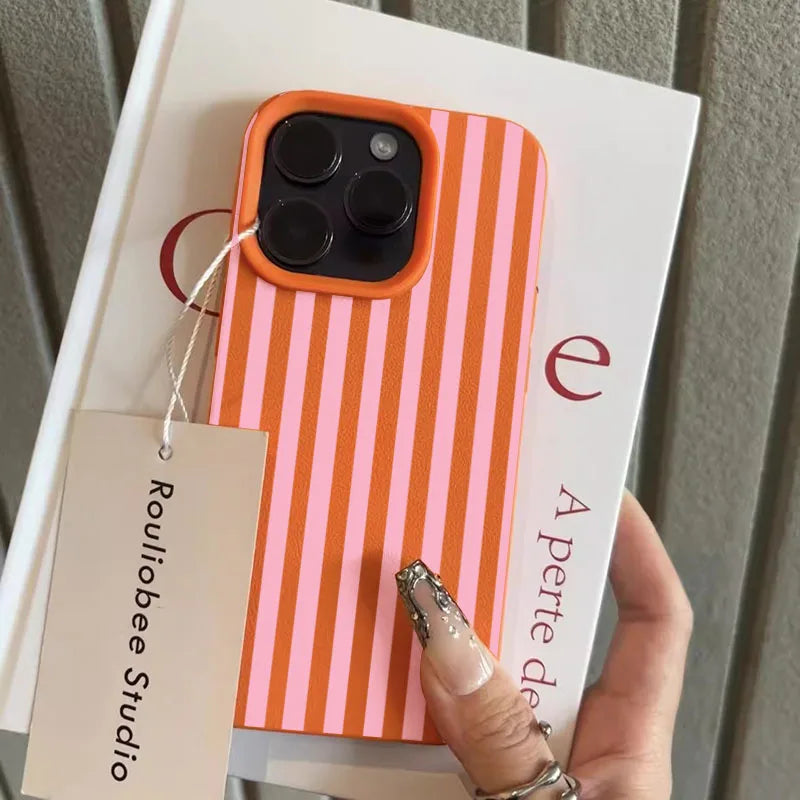 Colorful Striped Minimalist INS Couple Lichee Phone Case