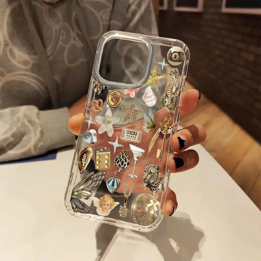 Aesthetic Clear Phone Case Golden Leopard Print Sticker Designed Phone Case