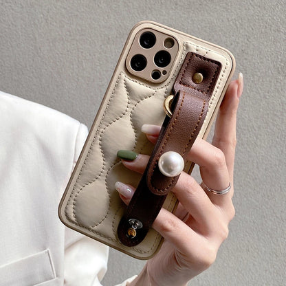 Fashion Leather Pearl Wrist Strap Stand Phone Case