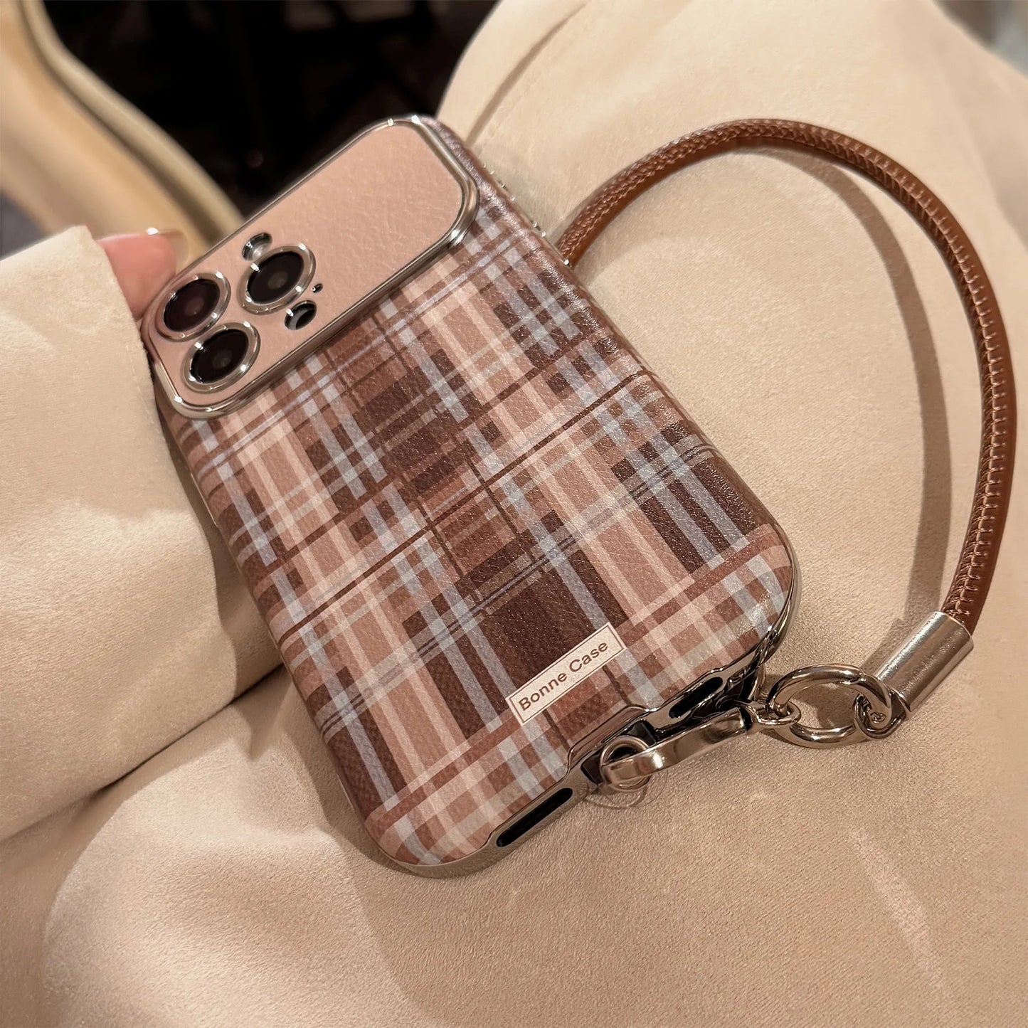 Stylish Brown Matte Grid Pattern Big Window Leather Lanyard Phone Case