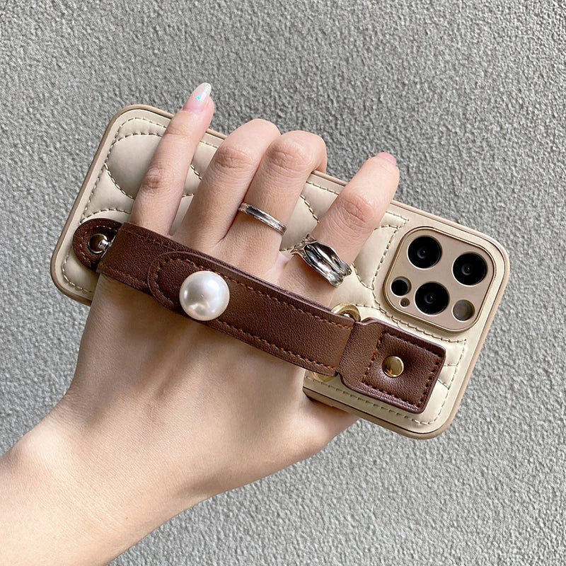 Fashion Leather Pearl Wrist Strap Stand Phone Case