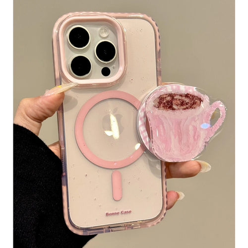 3D Cute Coffee Cup Clear Magnetic Grip Tok Pink Phone Case