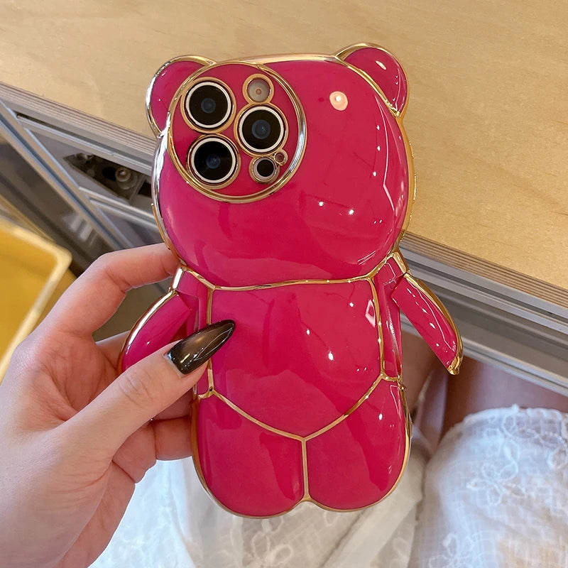 Plating Rose Cute 3D Bear Shape TPU Phone Case