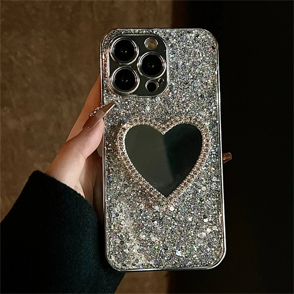 Luxury Bling Glitter Plating 3D Love Heart Mirror Sequins Phone Case