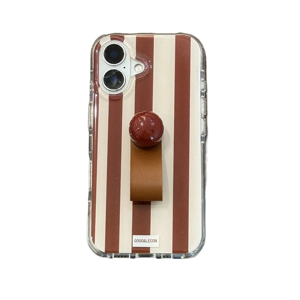 3D Ball Ring Buckle Bracket Leather Texture Simple Stripes Phone Case