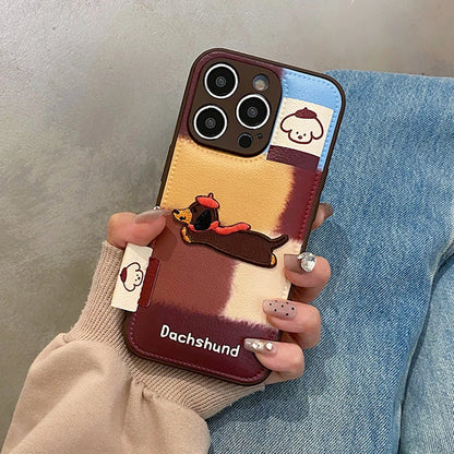 Lovely Embroidered Puppy Dog Leather Drum Bag Phone Case