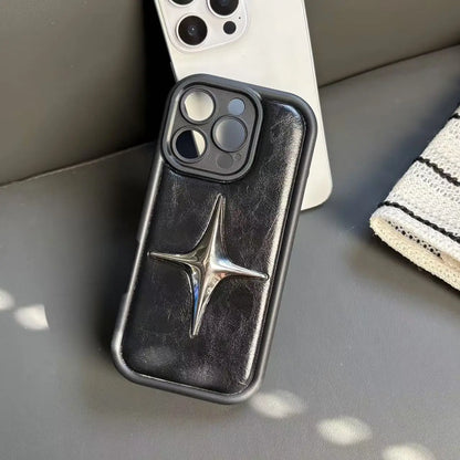 Retro Advanced Stereoscopic Silvery Star Black Leather Shock Proof Phone Case