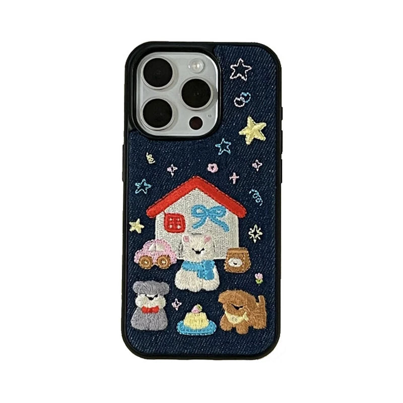 Fashion Denim Fabric Embroidery Puppy Dog Phone Case