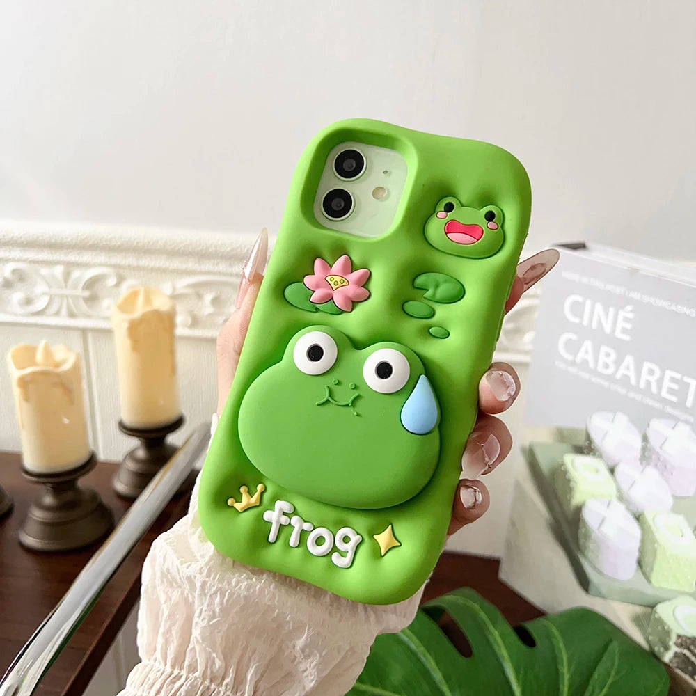 Funny 3D Cartoon Frog Bracket Soft Silicone Phone Case