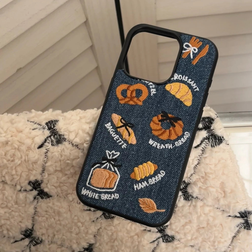 Retro Denim Embroidery Bread Toast Series Shockproof Protective Phone Case