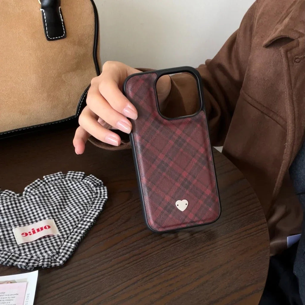 Retro Red Grid Pattern Leather Metal Love Heart Shockproof Protective Phone Case