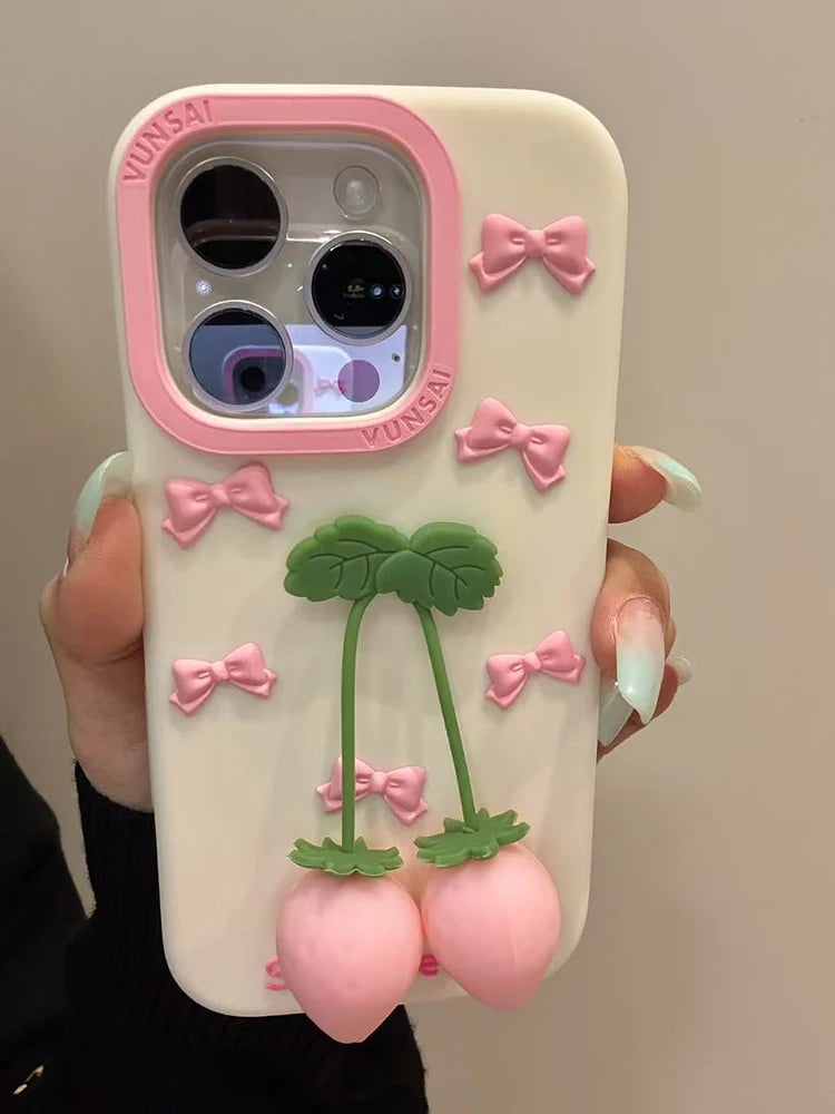 Cute Pink 3D Bow Strawberry Silicone Phone Case