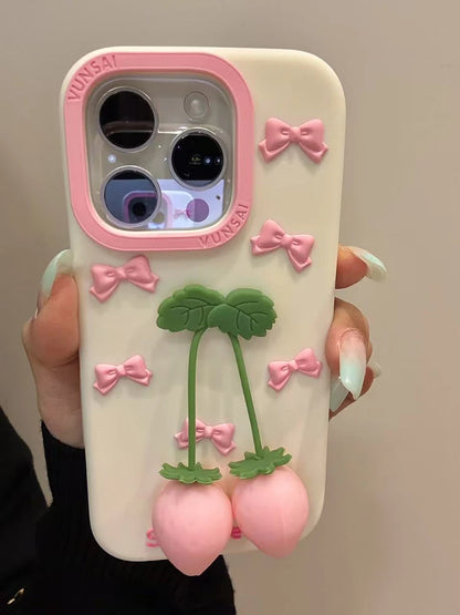 Cute Pink 3D Bow Strawberry Silicone Phone Case