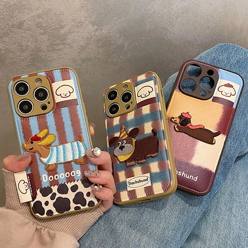 Lovely Embroidered Puppy Dog Leather Drum Bag Phone Case