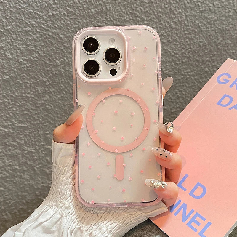 Pink Stars Magnetic Wireless Charge Clear Soft TPU Back Phone Case