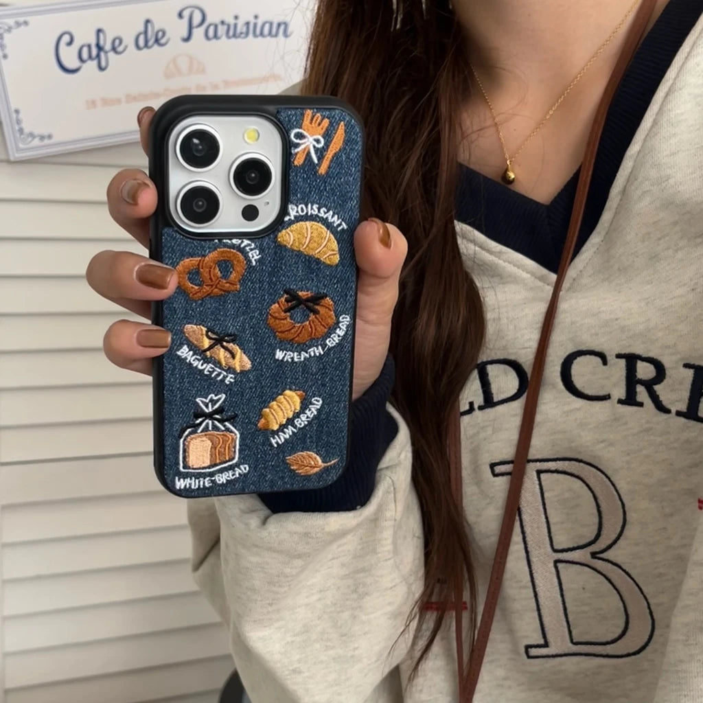 Retro Denim Embroidery Bread Toast Series Shockproof Protective Phone Case