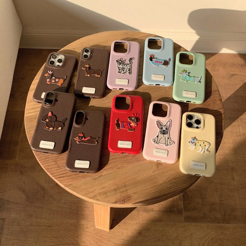 Cartoon Embroidered Cat Dog Series Stickers Solid Color Leather Phone Case