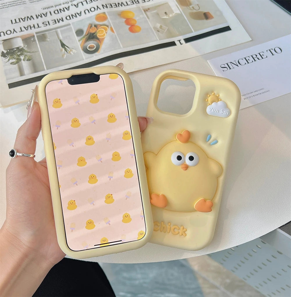 3D Funny Cute Yellow Chick Cartoon Silicone Phone Case
