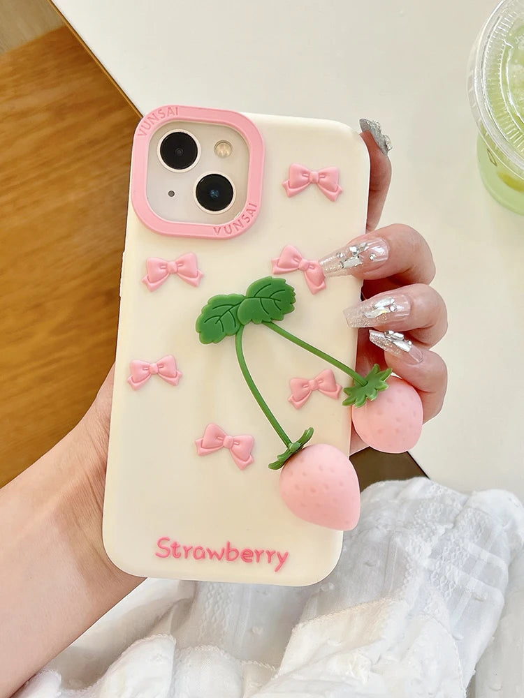 Cute Pink 3D Bow Strawberry Silicone Phone Case