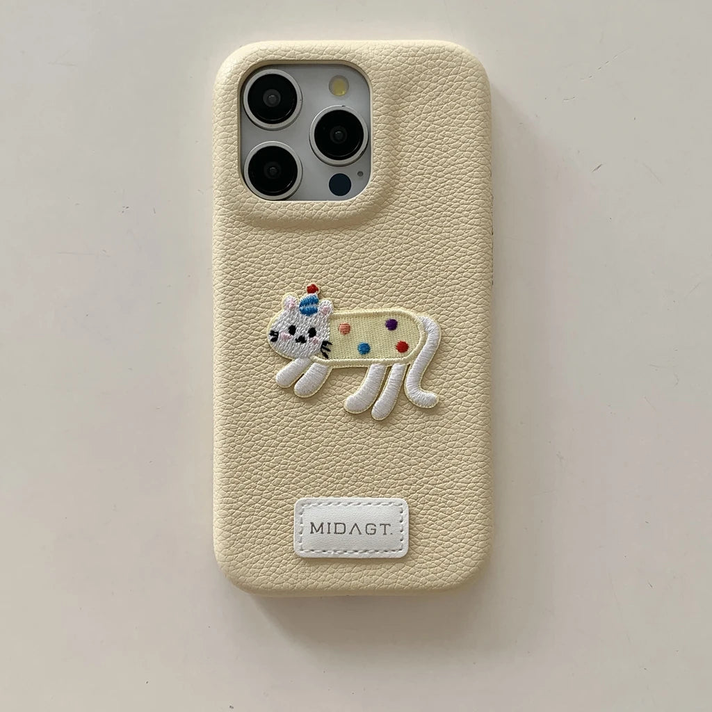Cartoon Embroidered Cat Dog Series Stickers Solid Color Leather Phone Case