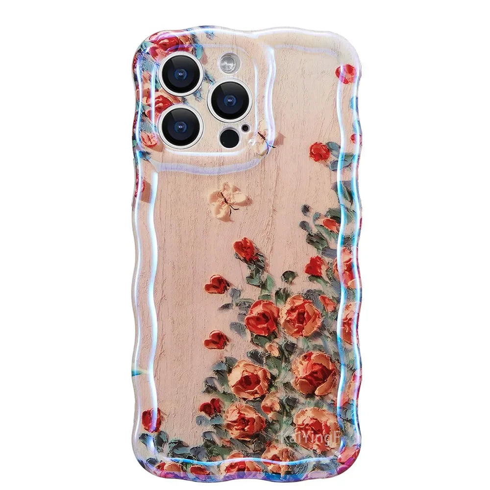 Stylish Phone Case Retro Oil Painting Flower Glossy Cute Floral Wave Border Exquisite Cover