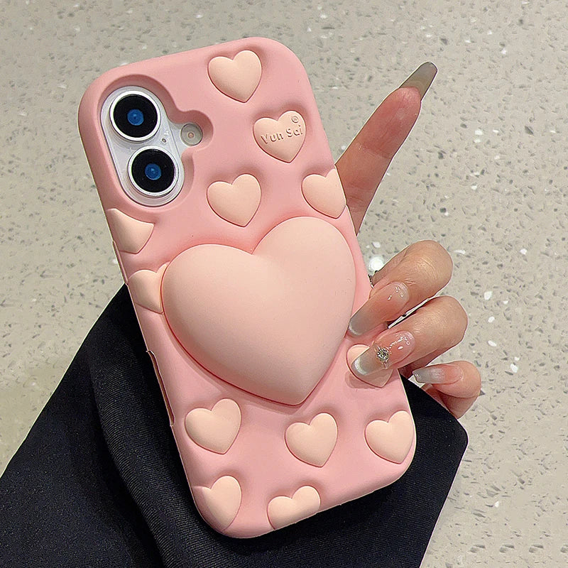 Pink 3D Love Heart Stand Holder Decompression Phone Case