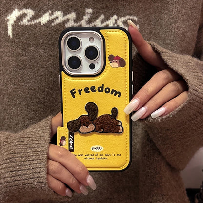 Cute 3D Embroidery Puppy Leather Texture Phone Case
