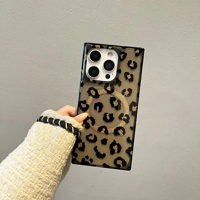 Stylish Rectangle Border Leopard Magnetic Wireless Charge Phone Case