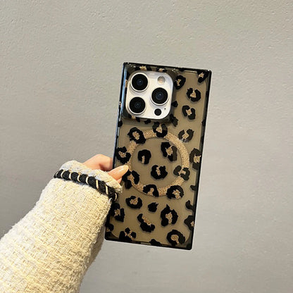 Stylish Rectangle Border Leopard Magnetic Wireless Charge Phone Case