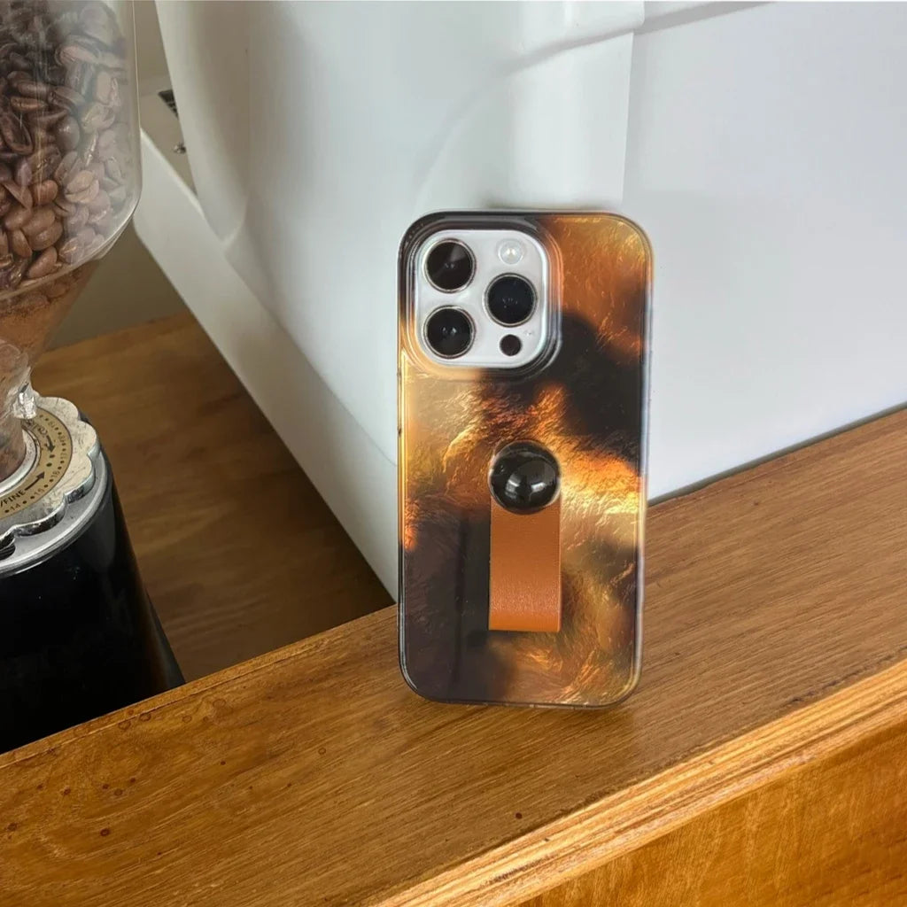 Stylish Brown Amber Glossy Iceberg Pattern Ring Buckle With Holder Phone Case